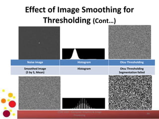 Effect of Image Smoothing for
Thresholding (Cont…)
COM 2304 - Computer Graphics & Image
Processing
44
Noise image Histogram Otsu Thresholding
Smoothed Image
(5 by 5, Mean)
Histogram Otsu Thresholding
Segmentation failed
 