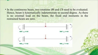 • In the continuous beam, two rotations Bθ and Cθ need to be evaluated.
Hence, beam is kinematically indeterminate to second degree. As there
is no external load on the beam, the fixed end moments in the
restrained beam are zero.
 