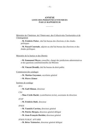 - 73 - 
ANNEXE 
LISTE DES PERSONNES ENTENDUES 
PAR LE RAPPORTEUR 
_______ 
Ministère de l’Intérieur, de l’Outre-mer, des Collectivités Territoriales et de 
l’Immigration 
- M. Frédéric Potier, chef du bureau des élections et des études 
politiques 
- M. Pascal Courtade, adjoint au chef du bureau des élections et des 
études politiques 
Ministère de la Justice et des libertés 
- M. Emmanuel Meyer, conseiller, chargé des juridictions administratives 
et des questions constitutionnelles du Ministre 
- M. Vincent Droullé, chef du bureau du droit public 
Commission des sondages 
- M. Mattias Guyomar, secrétaire général 
- M. Pierre Zémor 
Instituts de sondage 
BVA 
- M. Gaël Sliman, directeur 
CSA 
- Mme Cécile Daché, (contribution écrite), assistante de direction 
IFOP 
- M. Frédéric Dabi, directeur 
IPSOS 
- M. Yannick Carriou, directeur général 
- M. Patrice Bergen, directeur général délégué 
- M. Jean-François Doridot, directeur général 
IPSOS PUBLIC AFFAIRS 
- M. Brice Teinturier, directeur général délégué 
 