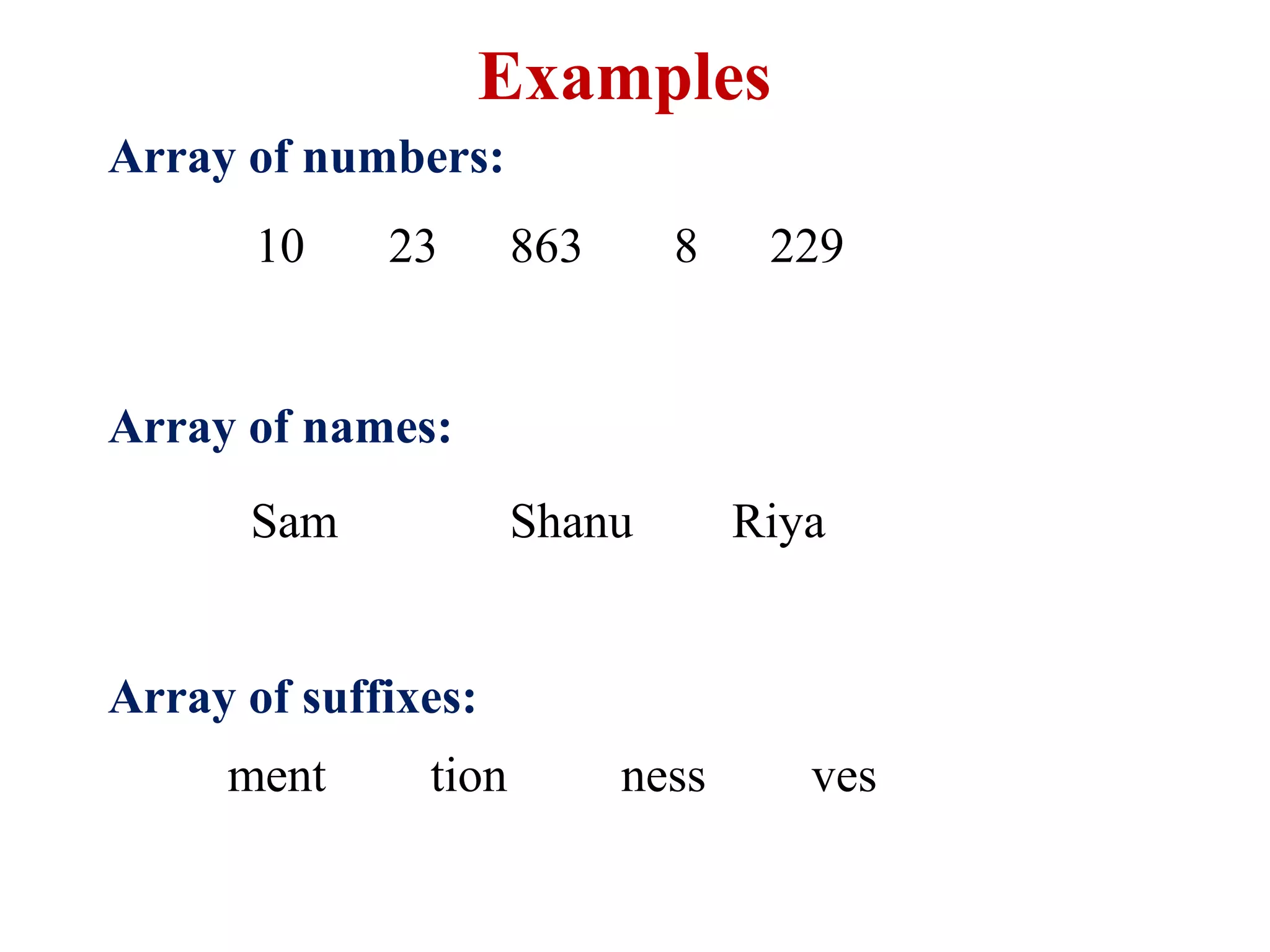 Array of numbers:
Array of names:
Array of suffixes:
Examples
10 23 863 8 229
ment tion ness ves
Sam Shanu Riya
 