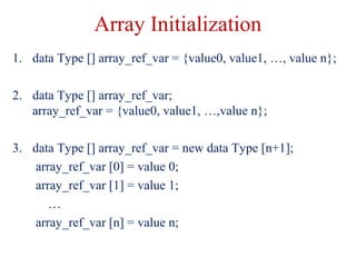Array Initialization
1. data Type [] array_ref_var = {value0, value1, …, value n};
2. data Type [] array_ref_var;
array_ref_var = {value0, value1, …,value n};
3. data Type [] array_ref_var = new data Type [n+1];
array_ref_var [0] = value 0;
array_ref_var [1] = value 1;
…
array_ref_var [n] = value n;
 