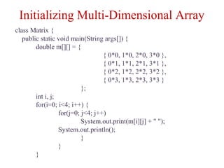 Initializing Multi-Dimensional Array
class Matrix {
public static void main(String args[]) {
double m[][] = {
{ 0*0, 1*0, 2*0, 3*0 },
{ 0*1, 1*1, 2*1, 3*1 },
{ 0*2, 1*2, 2*2, 3*2 },
{ 0*3, 1*3, 2*3, 3*3 }
};
int i, j;
for(i=0; i<4; i++) {
for(j=0; j<4; j++)
System.out.print(m[i][j] + " ");
System.out.println();
}
}
}
 