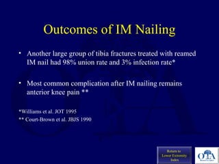 Outcomes of IM Nailing
• Another large group of tibia fractures treated with reamed
IM nail had 98% union rate and 3% infection rate*
• Most common complication after IM nailing remains
anterior knee pain **
*Williams et al. JOT 1995
** Court-Brown et al. JBJS 1990
Return to
Lower Extremity
Index
 