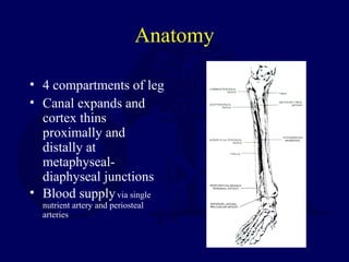 Anatomy
• 4 compartments of leg
• Canal expands and
cortex thins
proximally and
distally at
metaphyseal-
diaphyseal junctions
• Blood supplyvia single
nutrient artery and periosteal
arteries
 