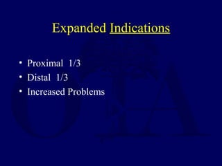 Expanded Indications
• Proximal 1/3
• Distal 1/3
• Increased Problems
 
