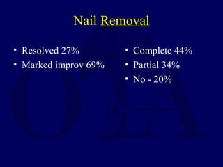 Nail Removal
• Resolved 27%
• Marked improv 69%
• Complete 44%
• Partial 34%
• No - 20%
 