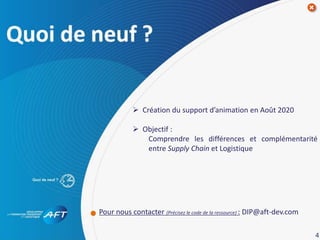 Sommaire
4
 Création du support d’animation en Août 2020
 Objectif :
Comprendre les différences et complémentarité
entre Supply Chain et Logistique
Pour nous contacter (Précisez le code de la ressource) : DIP@aft-dev.com
 