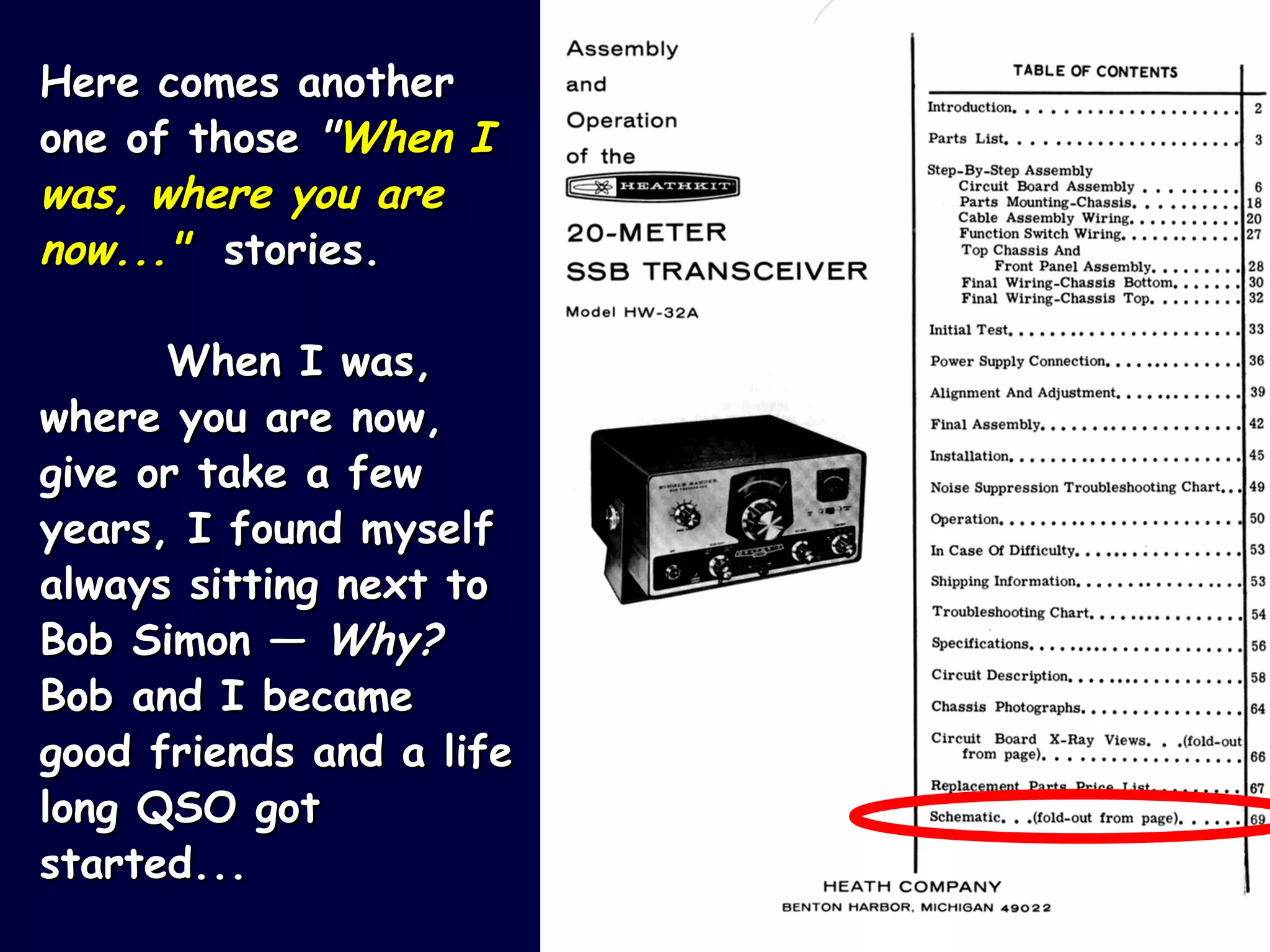 Here comes another one of those  " When I was, where you are now..."  stories. When I was, where you are now, give or take a few years, I found myself always sitting next to Bob Simon —  Why?   Bob and I became good friends and a life long QSO got started...  