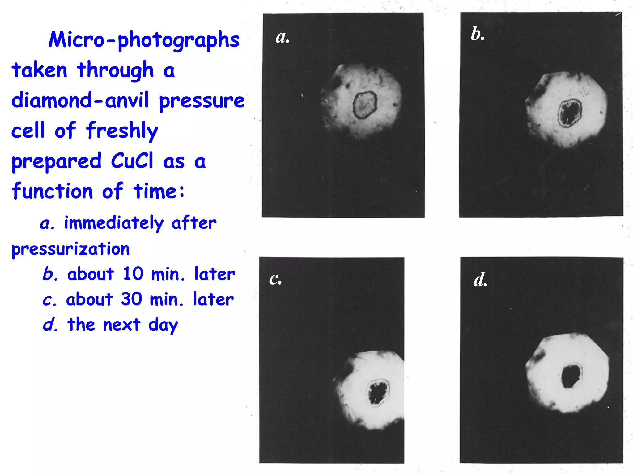Micro-photographs taken through a diamond-anvil pressure cell of freshly prepared CuCl as a function of time: a.  immediately after pressurization b.  about 10 min. later c.  about 30 min. later d.  the next day a. c. b. d. 