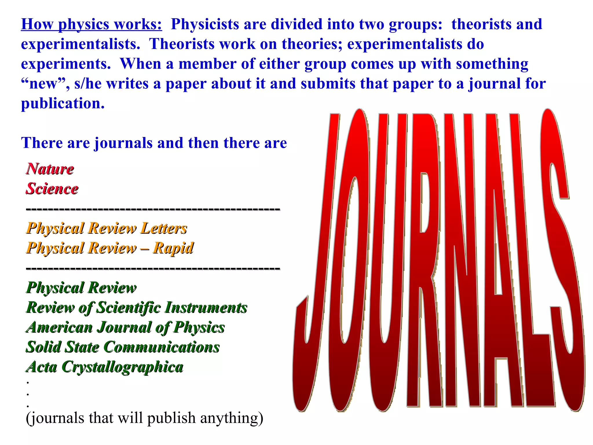 How physics works:   Physicists are divided into two groups:  theorists and experimentalists.  Theorists work on theories; experimentalists do experiments.  When a member of either group comes up with something “new”, s/he writes a paper about it and submits that paper to a journal for publication. There are journals and then there are   JOURNALS Nature Science ---------------------------------------------- Physical Review Letters Physical Review – Rapid ---------------------------------------------- Physical Review Review of Scientific Instruments American Journal of Physics Solid State Communications Acta Crystallographica . . . (journals that will publish anything) 