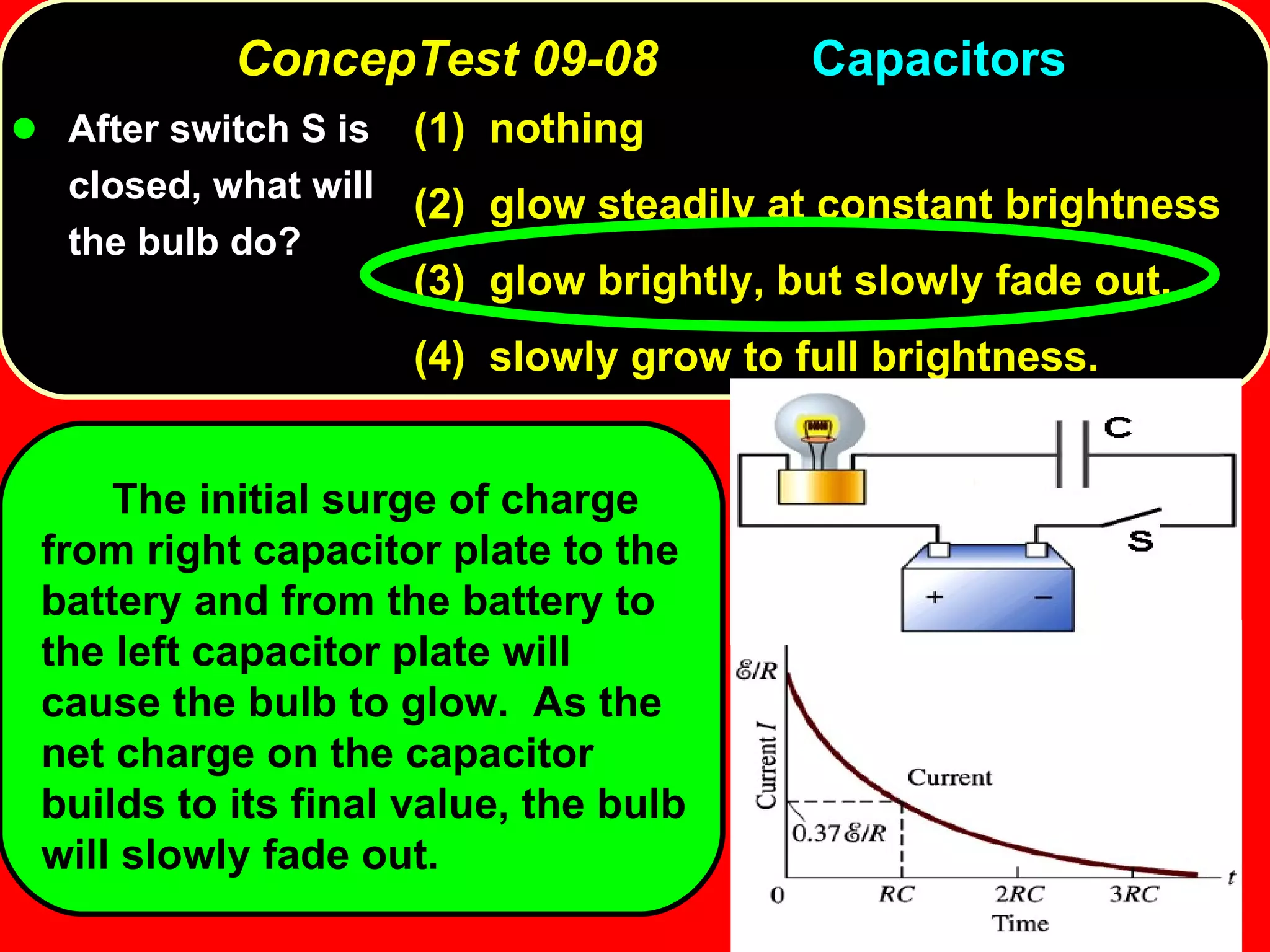 ConcepTest 09-08 (Post)  Capacitors After switch S is closed, what will the bulb do? (1)  nothing (2)  glow steadily at constant brightness (3)  glow brightly, but slowly fade out. (4)  slowly grow to full brightness. The initial surge of charge from right capacitor plate to the battery and from the battery to the left capacitor plate will cause the bulb to glow.  As the net charge on the capacitor builds to its final value, the bulb will slowly fade out.  