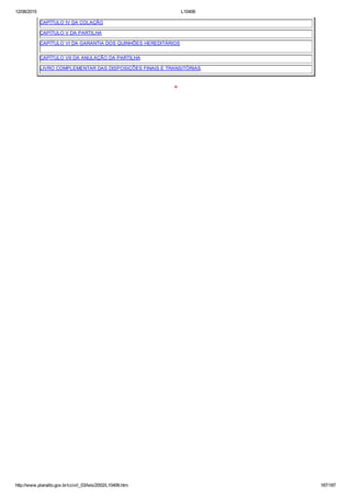 12/08/2015 L10406
http://www.planalto.gov.br/ccivil_03/leis/2002/L10406.htm 187/187
CAPÍTULO IV DA COLAÇÃO
CAPÍTULO V DA PARTILHA
CAPÍTULO VI DA GARANTIA DOS QUINHÕES HEREDITÁRIOS
CAPÍTULO VII DA ANULAÇÃO DA PARTILHA
LIVRO COMPLEMENTAR DAS DISPOSIÇÕES FINAIS E TRANSITÓRIAS
*
 
 
 
 
 
 
 
 
 