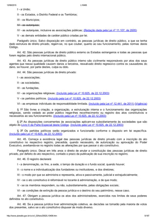 12/08/2015 L10406
http://www.planalto.gov.br/ccivil_03/leis/2002/L10406.htm 5/187
I ­ a União;
II ­ os Estados, o Distrito Federal e os Territórios;
III ­ os Municípios;
IV ­ as autarquias;
IV ­ as autarquias, inclusive as associações públicas; (Redação dada pela Lei nº 11.107, de 2005)
V ­ as demais entidades de caráter público criadas por lei.
Parágrafo único. Salvo disposição em contrário, as pessoas jurídicas de direito público, a que se tenha
dado estrutura de direito privado, regem­se, no que couber, quanto ao seu funcionamento, pelas normas  deste
Código.
Art. 42. São pessoas jurídicas de direito público externo os Estados estrangeiros e todas as pessoas que
forem regidas pelo direito internacional público.
Art.  43.  As  pessoas  jurídicas  de  direito  público  interno  são  civilmente  responsáveis  por  atos  dos  seus
agentes que nessa qualidade causem danos a terceiros, ressalvado direito regressivo contra os causadores do
dano, se houver, por parte destes, culpa ou dolo.
Art. 44. São pessoas jurídicas de direito privado:
I ­ as associações;
II ­ as sociedades;
III ­ as fundações.
IV ­ as organizações religiosas; (Incluído pela Lei nº 10.825, de 22.12.2003)
V ­ os partidos políticos. (Incluído pela Lei nº 10.825, de 22.12.2003)
VI ­ as empresas individuais de responsabilidade limitada. (Incluído pela Lei nº 12.441, de 2011) (Vigência)
§  1o  São  livres  a  criação,  a  organização,  a  estruturação  interna  e  o  funcionamento  das  organizações
religiosas,  sendo  vedado  ao  poder  público  negar­lhes  reconhecimento  ou  registro  dos  atos  constitutivos  e
necessários ao seu funcionamento. (Incluído pela Lei nº 10.825, de 22.12.2003)
§ 2o As disposições concernentes  às  associações  aplicam­se  subsidiariamente  às  sociedades  que  são
objeto do Livro II da Parte Especial deste Código. (Incluído pela Lei nº 10.825, de 22.12.2003)
§  3o  Os  partidos  políticos  serão  organizados  e  funcionarão  conforme  o  disposto  em  lei  específica.
(Incluído pela Lei nº 10.825, de 22.12.2003)
Art.  45.  Começa  a  existência  legal  das  pessoas  jurídicas  de  direito  privado  com  a  inscrição  do  ato
constitutivo  no  respectivo  registro,  precedida,  quando  necessário,  de  autorização  ou  aprovação  do  Poder
Executivo, averbando­se no registro todas as alterações por que passar o ato constitutivo.
Parágrafo  único.  Decai  em  três  anos  o  direito  de  anular  a  constituição  das  pessoas  jurídicas  de  direito
privado, por defeito do ato respectivo, contado o prazo da publicação de sua inscrição no registro.
Art. 46. O registro declarará:
I ­ a denominação, os fins, a sede, o tempo de duração e o fundo social, quando houver;
II ­ o nome e a individualização dos fundadores ou instituidores, e dos diretores;
III ­ o modo por que se administra e representa, ativa e passivamente, judicial e extrajudicialmente;
IV ­ se o ato constitutivo é reformável no tocante à administração, e de que modo;
V ­ se os membros respondem, ou não, subsidiariamente, pelas obrigações sociais;
VI ­ as condições de extinção da pessoa jurídica e o destino do seu patrimônio, nesse caso.
Art. 47. Obrigam a pessoa jurídica os atos dos administradores, exercidos nos limites de seus poderes
definidos no ato constitutivo.
Art. 48. Se a pessoa jurídica tiver administração coletiva, as decisões se tomarão pela maioria de votos
dos presentes, salvo se o ato constitutivo dispuser de modo diverso.
 