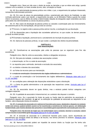 12/08/2015 L10406
http://www.planalto.gov.br/ccivil_03/leis/2002/L10406.htm 6/187
Parágrafo único. Decai em três anos o direito de anular as decisões a que se refere este artigo, quando
violarem a lei ou estatuto, ou forem eivadas de erro, dolo, simulação ou fraude.
Art. 49. Se a administração da pessoa jurídica vier a faltar, o juiz, a requerimento de qualquer interessado,
nomear­lhe­á administrador provisório.
Art.  50.  Em  caso  de  abuso  da  personalidade  jurídica,  caracterizado  pelo  desvio  de  finalidade,  ou  pela
confusão patrimonial, pode o juiz decidir, a requerimento da parte, ou do Ministério Público quando lhe couber
intervir no processo, que os efeitos de certas e determinadas relações de obrigações sejam estendidos aos bens
particulares dos administradores ou sócios da pessoa jurídica.
Art. 51. Nos casos de dissolução da pessoa jurídica ou cassada a autorização para seu funcionamento,
ela subsistirá para os fins de liquidação, até que esta se conclua.
§ 1o Far­se­á, no registro onde a pessoa jurídica estiver inscrita, a averbação de sua dissolução.
§ 2o  As  disposições  para  a  liquidação  das  sociedades  aplicam­se,  no  que  couber,  às  demais  pessoas
jurídicas de direito privado.
§ 3o Encerrada a liquidação, promover­se­á o cancelamento da inscrição da pessoa jurídica.
Art. 52. Aplica­se às pessoas jurídicas, no que couber, a proteção dos direitos da personalidade.
 CAPÍTULO II
DAS ASSOCIAÇÕES
Art.  53.  Constituem­se  as  associações  pela  união  de  pessoas  que  se  organizem  para  fins  não
econômicos.
Parágrafo único. Não há, entre os associados, direitos e obrigações recíprocos.
Art. 54. Sob pena de nulidade, o estatuto das associações conterá:
I ­ a denominação, os fins e a sede da associação;
II ­ os requisitos para a admissão, demissão e exclusão dos associados;
III ­ os direitos e deveres dos associados;
IV ­ as fontes de recursos para sua manutenção;
V ­ o modo de constituição e funcionamento dos órgãos deliberativos e administrativos;
V  –  o  modo  de  constituição  e  de  funcionamento  dos  órgãos  deliberativos;  (Redação  dada  pela  Lei  nº
11.127, de 2005)
VI ­ as condições para a alteração das disposições estatutárias e para a dissolução.
VII  –  a  forma  de  gestão  administrativa  e  de  aprovação  das  respectivas  contas.  (Incluído  pela  Lei  nº
11.127, de 2005)
Art.  55.  Os  associados  devem  ter  iguais  direitos,  mas  o  estatuto  poderá  instituir  categorias  com
vantagens especiais.
Art. 56. A qualidade de associado é intransmissível, se o estatuto não dispuser o contrário.
Parágrafo  único.  Se  o  associado  for  titular  de  quota  ou  fração  ideal  do  patrimônio  da  associação,  a
transferência  daquela  não  importará,  de  per  si,  na  atribuição  da  qualidade  de  associado  ao  adquirente  ou  ao
herdeiro, salvo disposição diversa do estatuto.
Art. 57. A exclusão do associado só é admissível havendo justa causa, obedecido o disposto no estatuto;
sendo este omisso, poderá também ocorrer se for reconhecida a existência de motivos graves, em deliberação
fundamentada, pela maioria absoluta dos presentes à assembléia geral especialmente convocada para esse fim.
Parágrafo único. Da decisão do órgão que, de conformidade com o estatuto, decretar a exclusão, caberá
sempre recurso à assembléia geral (Revogado pela Lei nº 11.127, de 2005)
Art.  57.  A  exclusão  do  associado  só  é  admissível  havendo  justa  causa,  assim  reconhecida  em
procedimento  que  assegure  direito  de  defesa  e  de  recurso,  nos  termos  previstos  no  estatuto.  (Redação  dada
pela Lei nº 11.127, de 2005)
Art.  58.  Nenhum  associado  poderá  ser  impedido  de  exercer  direito  ou  função  que  lhe  tenha  sido
 