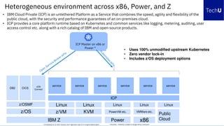 Heterogeneous environment across x86, Power, and Z
• Uses 100% unmodified upstream Kubernetes
• Zero vendor lock-in
• Includes z/OS deployment options
• IBM Cloud Private (ICP) is an untethered Platform as a Service that combines the speed, agility and flexibility of the
public cloud, with the security and performance guarantees of an on-premises cloud.
• ICP provides a core platform runtime based on Kubernetes and common services like logging, metering, auditing, user
access control etc. along with a rich catalog of IBM and open-source products.
DB2
z/OS
IBM Z
z/VM
CICS
z/OSMF
KVM
zOS
Connect
ICP Master on x86 or
Power *
ICP
VMWare etc.PowerVM etc.
Power x86
Linux Linux LinuxLinux Linux
service
Public
Cloud
serviceserviceserviceservice service
* On Roadmap for Q1 2019. Sponsor users registration open for in-progress Beta program * Disclaimer - Roadmap is subject to change without notification
 