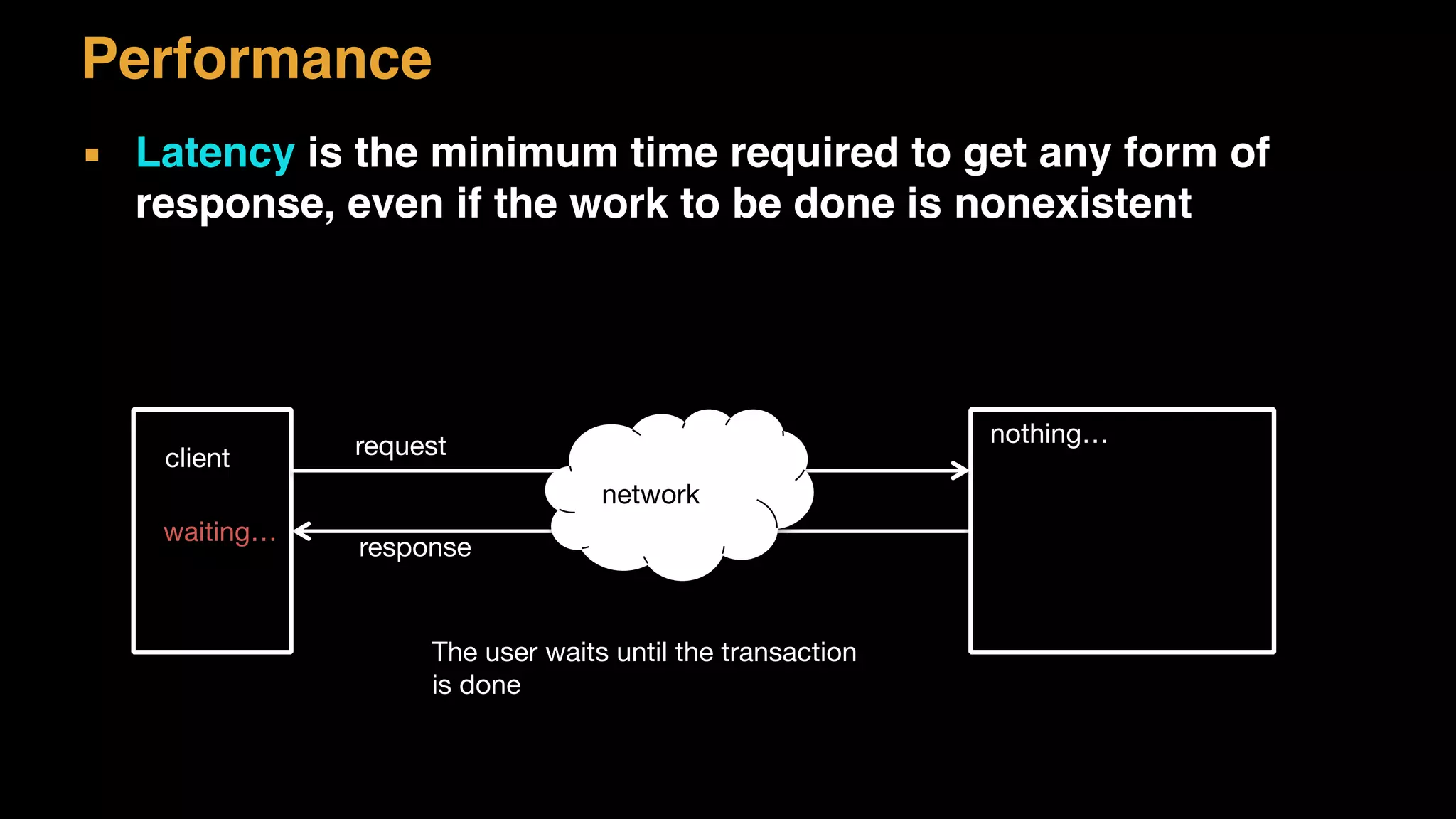 Performance
▪ Latency is the minimum time required to get any form of
response, even if the work to be done is nonexistent
nothing…
client request
network
response
The user waits until the transaction 
is done
waiting…
 