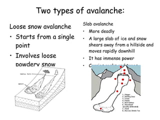 Two types of avalanche: Loose snow avalanche Starts from a single point Involves loose powdery snow Slab avalanche More deadly A large slab of ice and snow shears away from a hillside and moves rapidly downhill It has immense power Carries rocks and trees 