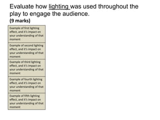 Evaluate how lighting was used throughout the
play to engage the audience.
(9 marks)
Example of first lighting
effect, and it’s impact on
your understanding of that
moment
Example of second lighting
effect, and it’s impact on
your understanding of that
moment
Example of third lighting
effect, and it’s impact on
your understanding of that
moment
Example of fourth lighting
effect, and it’s impact on
your understanding of that
moment
Example of fifth lighting
effect, and it’s impact on
your understanding of that
moment
 