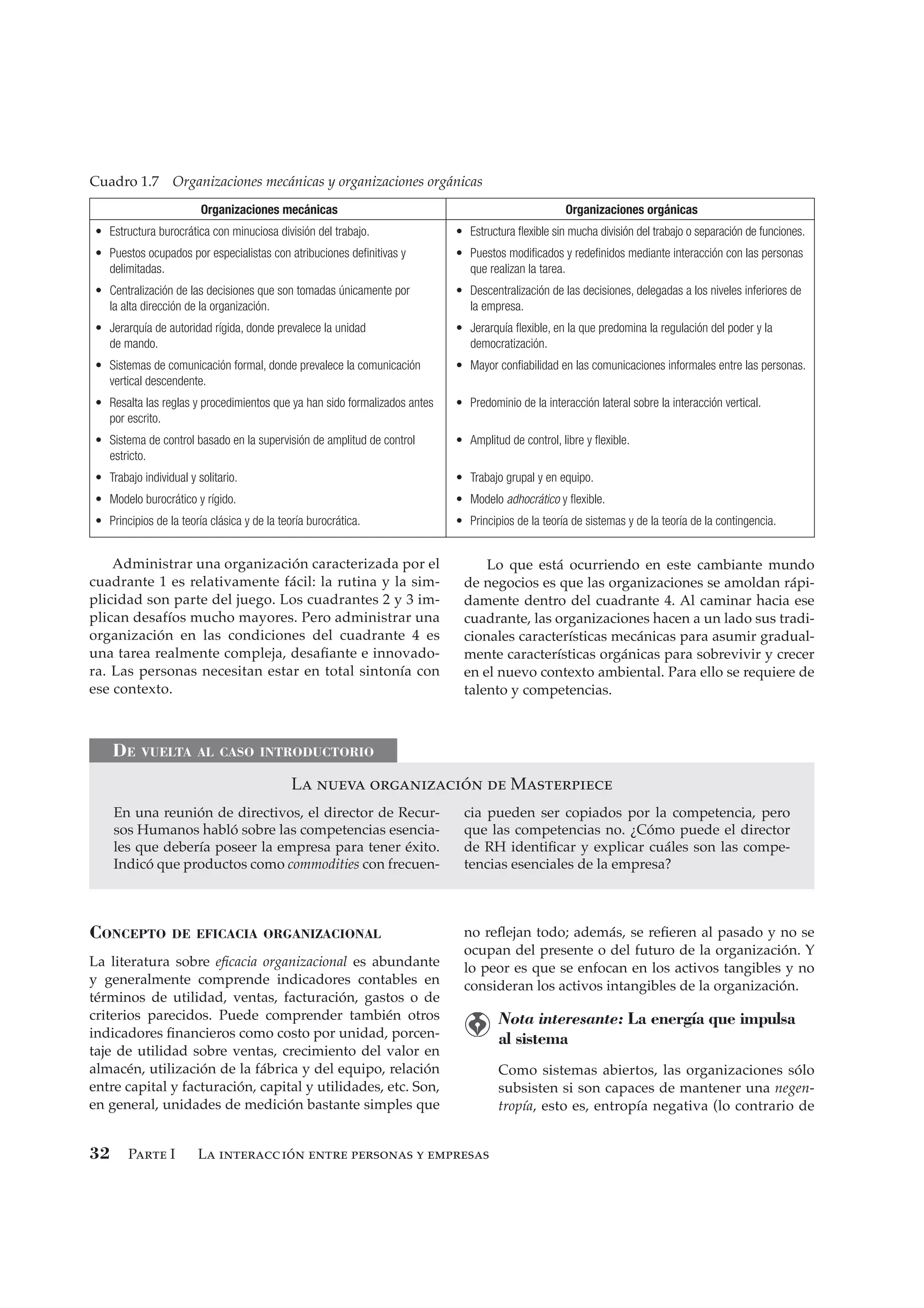 Parte I La interacción entre personas y empresas32
Administrar una organización caracterizada por el
cuadrante 1 es relativamente fácil: la rutina y la sim-
plicidad son parte del juego. Los cuadrantes 2 y 3 im-
plican desafíos mucho mayores. Pero administrar una
organización en las condiciones del cuadrante 4 es
una tarea realmente compleja, desaﬁante e innovado-
ra. Las personas necesitan estar en total sintonía con
ese contexto.
Lo que está ocurriendo en este cambiante mundo
de negocios es que las organizaciones se amoldan rápi-
damente dentro del cuadrante 4. Al caminar hacia ese
cuadrante, las organizaciones hacen a un lado sus tradi-
cionales características mecánicas para asumir gradual-
mente características orgánicas para sobrevivir y crecer
en el nuevo contexto ambiental. Para ello se requiere de
talento y competencias.
DE VUELTA AL CASO INTRODUCTORIO
En una reunión de directivos, el director de Recur-
sos Humanos habló sobre las competencias esencia-
les que debería poseer la empresa para tener éxito.
Indicó que productos como commodities con frecuen-
cia pueden ser copiados por la competencia, pero
que las competencias no. ¿Cómo puede el director
de RH identiﬁcar y explicar cuáles son las compe-
tencias esenciales de la empresa?
CONCEPTO DE EFICACIA ORGANIZACIONAL
La literatura sobre eﬁcacia organizacional es abundante
y generalmente comprende indicadores contables en
términos de utilidad, ventas, facturación, gastos o de
criterios parecidos. Puede comprender también otros
indicadores ﬁnancieros como costo por unidad, porcen-
taje de utilidad sobre ventas, crecimiento del valor en
almacén, utilización de la fábrica y del equipo, relación
entre capital y facturación, capital y utilidades, etc. Son,
en general, unidades de medición bastante simples que
no reﬂejan todo; además, se reﬁeren al pasado y no se
ocupan del presente o del futuro de la organización. Y
lo peor es que se enfocan en los activos tangibles y no
consideran los activos intangibles de la organización.
Nota interesante: La energía que impulsa
al sistema
Como sistemas abiertos, las organizaciones sólo
subsisten si son capaces de mantener una negen-
tropía, esto es, entropía negativa (lo contrario de
Cuadro 1.7 Organizaciones mecánicas y organizaciones orgánicas
Organizaciones mecánicas Organizaciones orgánicas
• Estructura burocrática con minuciosa división del trabajo. • Estructura ﬂexible sin mucha división del trabajo o separación de funciones.
• Puestos ocupados por especialistas con atribuciones deﬁnitivas y
delimitadas.
• Puestos modiﬁcados y redeﬁnidos mediante interacción con las personas
que realizan la tarea.
• Centralización de las decisiones que son tomadas únicamente por
la alta dirección de la organización.
• Descentralización de las decisiones, delegadas a los niveles inferiores de
la empresa.
• Jerarquía de autoridad rígida, donde prevalece la unidad
de mando.
• Jerarquía ﬂexible, en la que predomina la regulación del poder y la
democratización.
• Sistemas de comunicación formal, donde prevalece la comunicación
vertical descendente.
• Mayor conﬁabilidad en las comunicaciones informales entre las personas.
• Resalta las reglas y procedimientos que ya han sido formalizados antes
por escrito.
• Predominio de la interacción lateral sobre la interacción vertical.
• Sistema de control basado en la supervisión de amplitud de control
estricto.
• Amplitud de control, libre y ﬂexible.
• Trabajo individual y solitario. • Trabajo grupal y en equipo.
• Modelo burocrático y rígido. • Modelo adhocrático y ﬂexible.
• Principios de la teoría clásica y de la teoría burocrática. • Principios de la teoría de sistemas y de la teoría de la contingencia.
La nueva organización de Masterpiece
CHIA V RH 1.indd 32CHIA V RH 1.indd 32 8/25/06 12:35:19 PM8/25/06 12:35:19 PM
 