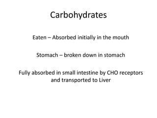 Carbohydrates	Eaten – Absorbed initially in the mouth	Stomach – broken down in stomach	Fully absorbed in small intestine by CHO receptors and transported to Liver