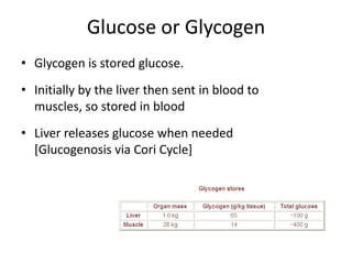 Glucose or GlycogenGlycogen is stored glucose.Initially by the liver then sent in blood to muscles, so stored in bloodLiver releases glucose when needed [Glucogenosis via Cori Cycle]