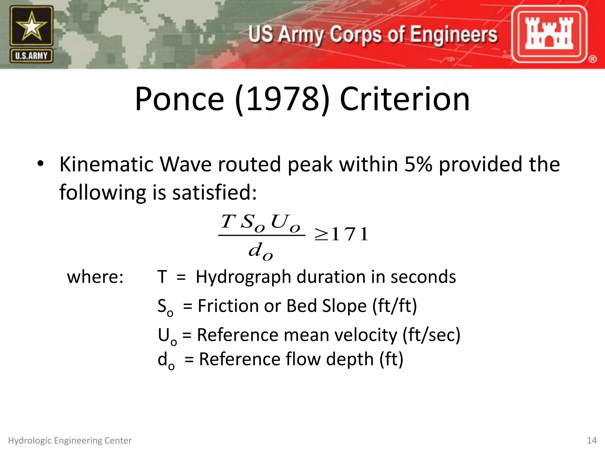Ponce (1978) Criterion
• Kinematic Wave routed peak within 5% provided the
following is satisfied:
where: T = Hydrograph duration in seconds
So = Friction or Bed Slope (ft/ft)
Uo = Reference mean velocity (ft/sec)
do = Reference flow depth (ft)
171

o
o
o
d
U
S
T
14
Hydrologic Engineering Center
 