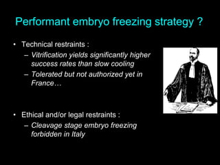 Performant embryo freezing strategy ?
• Technical restraints :
– Vitrification yields significantly higher
success rates than slow cooling
– Tolerated but not authorized yet in
France…
• Ethical and/or legal restraints :
– Cleavage stage embryo freezing
forbidden in Italy
 