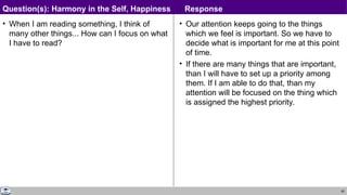65
• When I am reading something, I think of
many other things... How can I focus on what
I have to read?
• Our attention keeps going to the things
which we feel is important. So we have to
decide what is important for me at this point
of time.
• If there are many things that are important,
than I will have to set up a priority among
them. If I am able to do that, than my
attention will be focused on the thing which
is assigned the highest priority.
Question(s): Harmony in the Self, Happiness Response
 