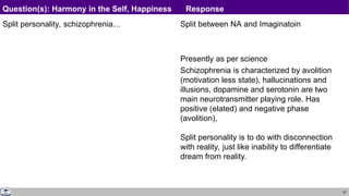 67
Split personality, schizophrenia… Split between NA and Imaginatoin
Presently as per science
Schizophrenia is characterized by avolition
(motivation less state), hallucinations and
illusions, dopamine and serotonin are two
main neurotransmitter playing role. Has
positive (elated) and negative phase
(avolition),
Split personality is to do with disconnection
with reality, just like inability to differentiate
dream from reality.
Question(s): Harmony in the Self, Happiness Response
 