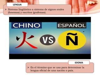  Sistema lingüístico a sistema de signos orales
(fonemas) y escritos (grafemas).
LENGUA
 Es el término que se usa para determinar la
lengua oficial de una nación o país.
IDIOMA
 