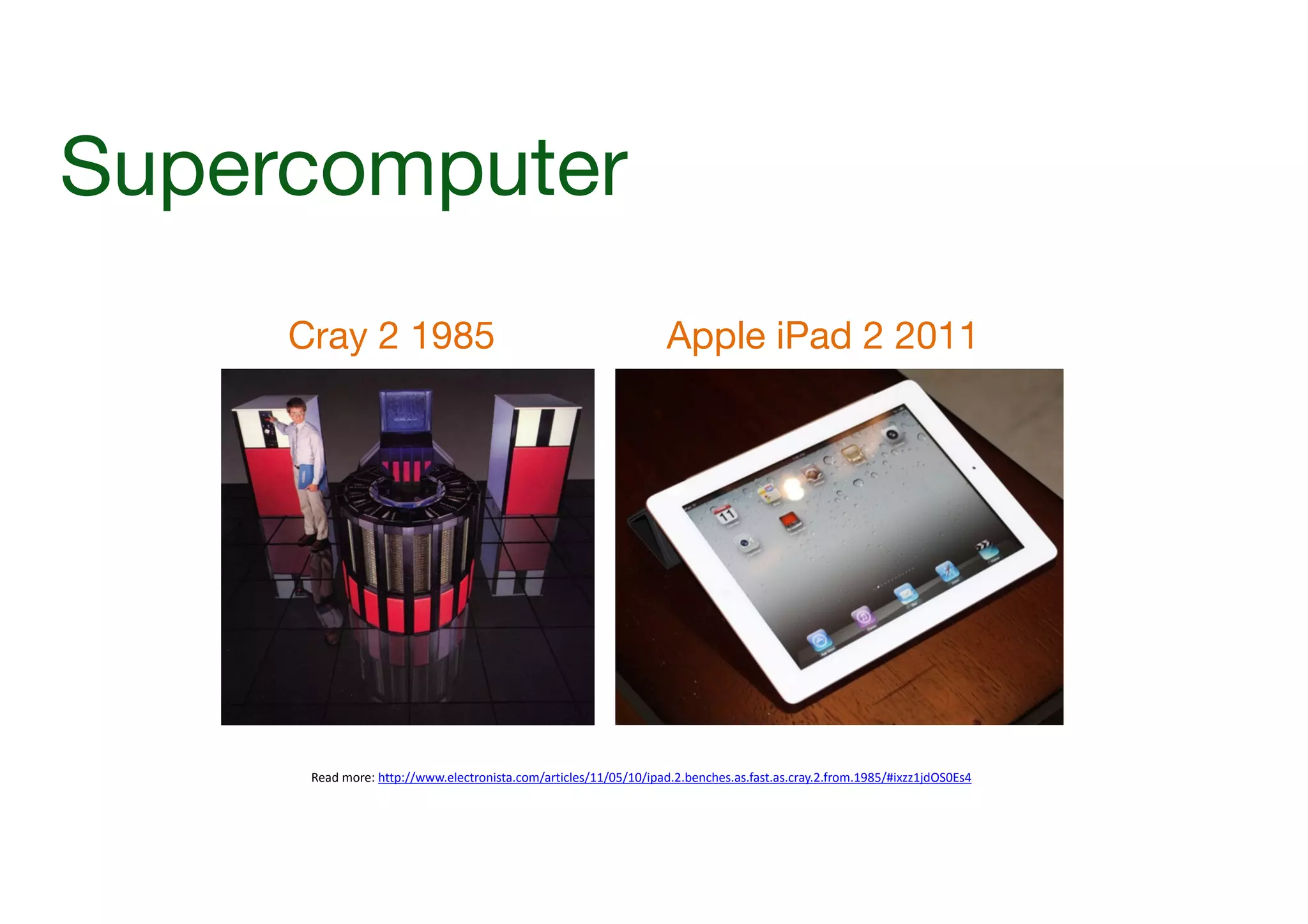 Supercomputer
Cray 2 1985

Apple iPad 2 2011

Read	
  more:	
  http://www.electronista.com/articles/11/05/10/ipad.2.benches.as.fast.as.cray.2.from.1985/#ixzz1jdOS0Es4

 