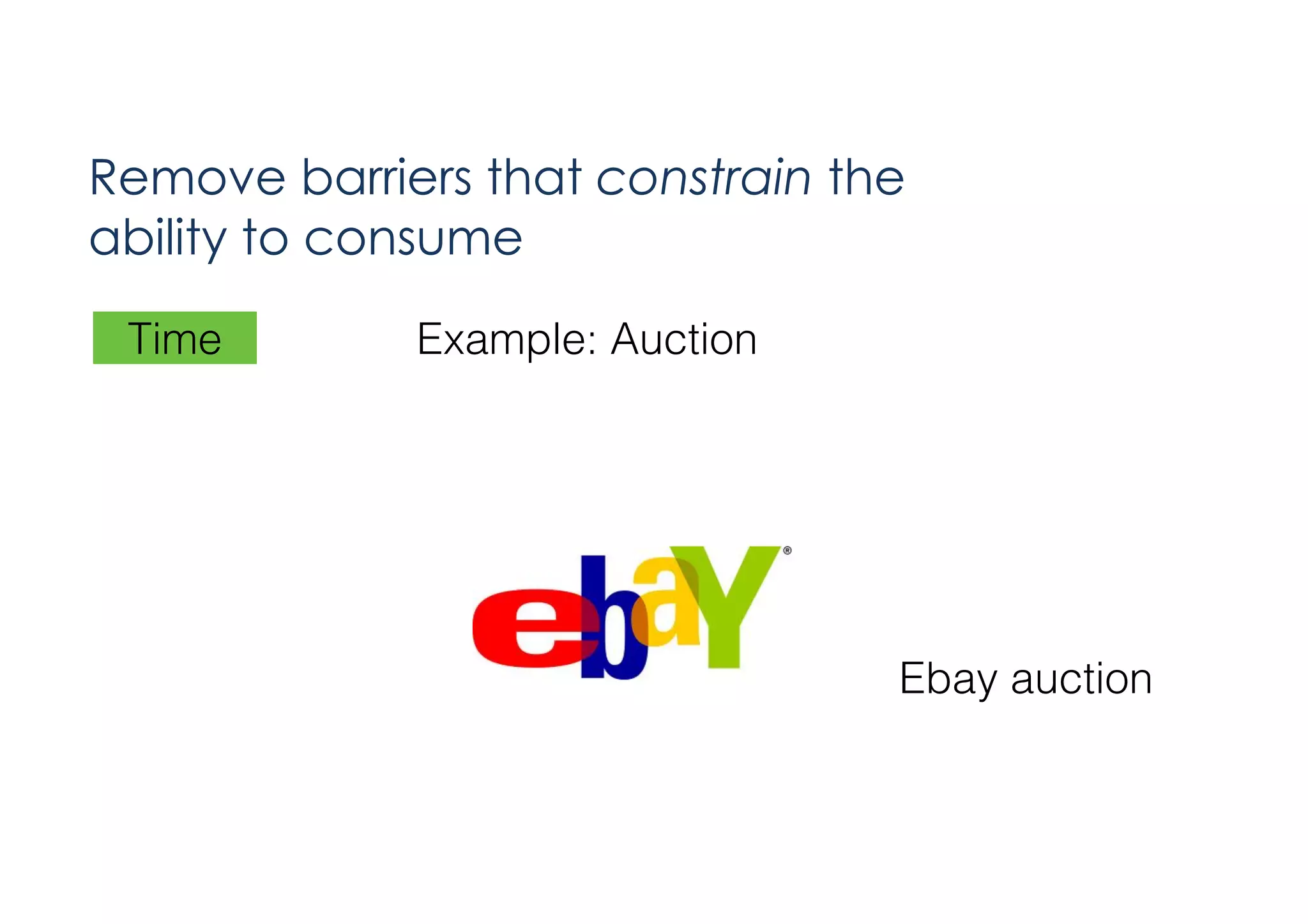 Remove barriers that constrain the
ability to consume
Time

Example: Auction

Ebay auction

 