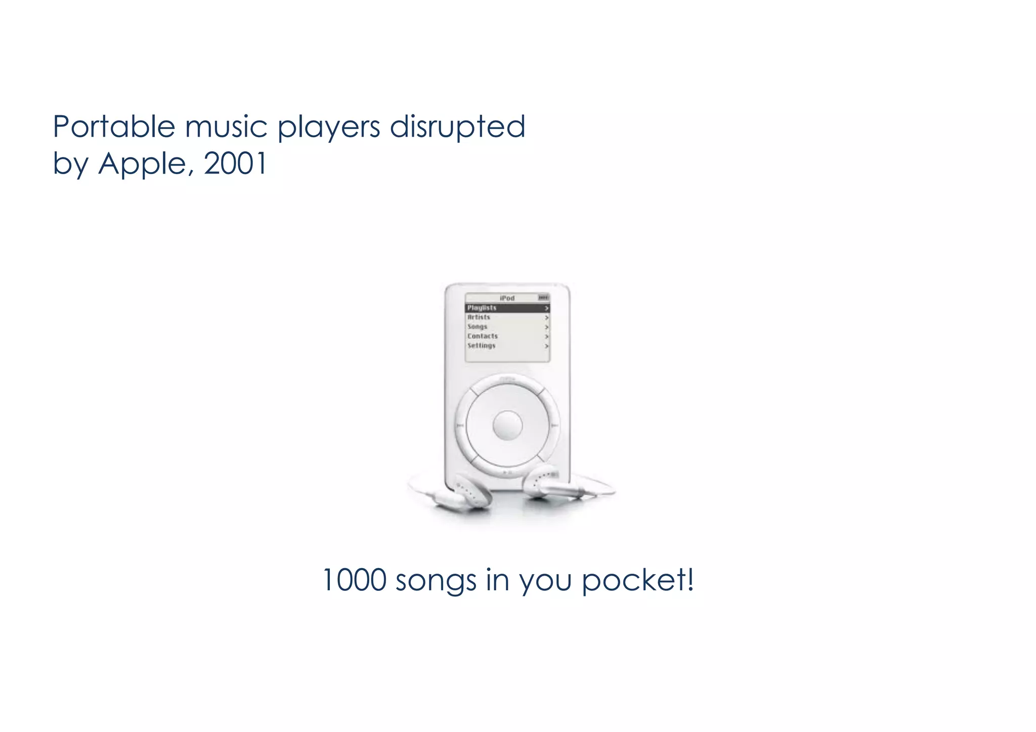 Portable music players disrupted
by Apple, 2001

1000 songs in you pocket!

 