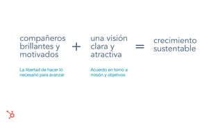 compañeros
brillantes y
motivados
una visión
clara y
atractiva
+ =
Acuerdo en torno a
misión y objetivos
La libertad de hacer lo
necesario para avanzar
crecimiento
sustentable
 