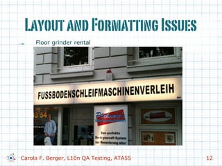 LayoutandFormattingIssues
Carola F. Berger, L10n QA Testing, ATA55 12
!   Floor grinder rental
 