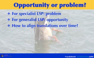 Opportunity	
 or	
 problem?
❖ For specialist LSP: problem
❖ For generalist LSP: opportunity
❖ How to align translations over time?
@sarahokeefe
 