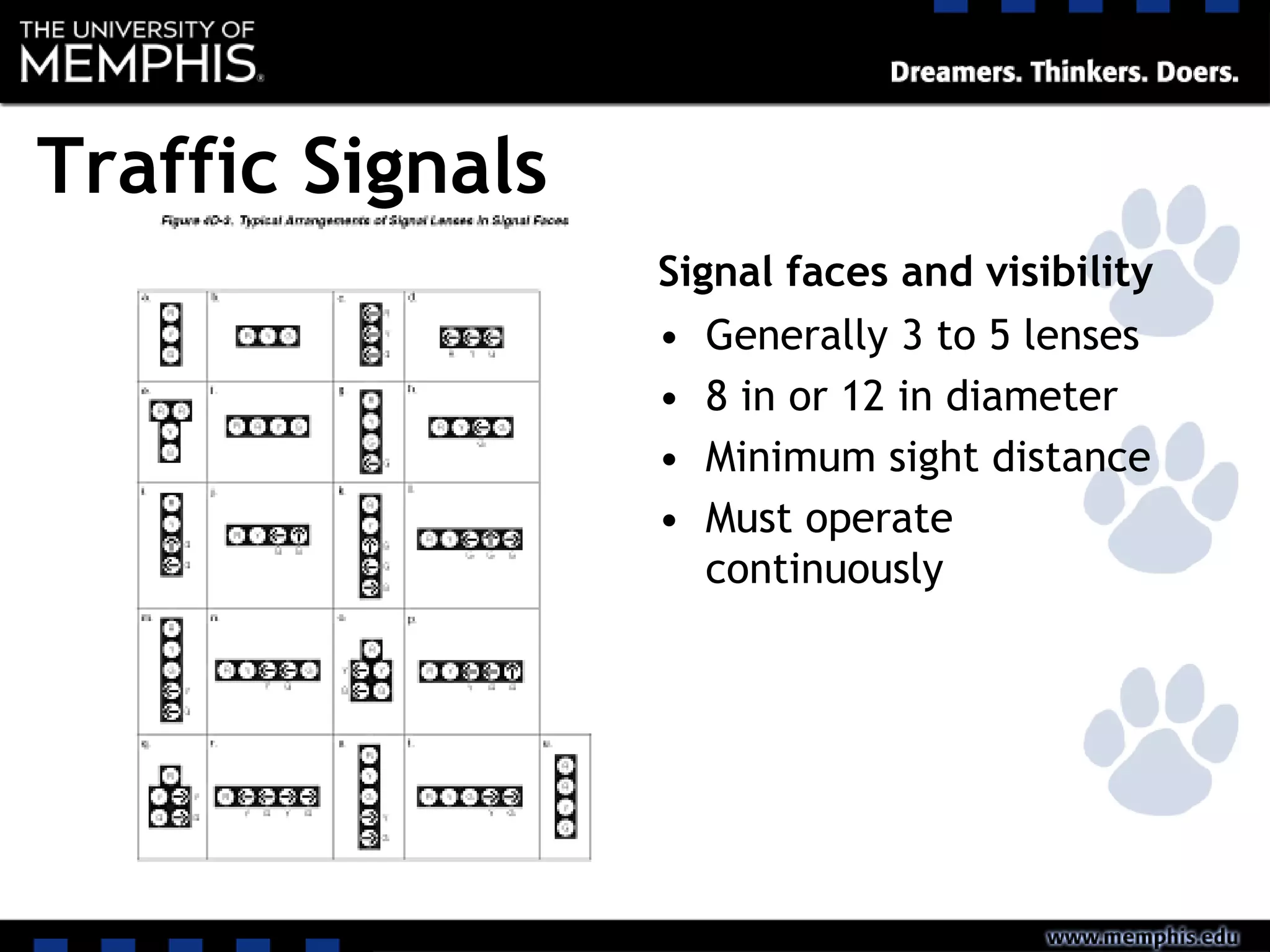 Traffic Signals
Signal faces and visibility
• Generally 3 to 5 lenses
• 8 in or 12 in diameter
• Minimum sight distance
• Must operate
continuously
 