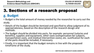 Research Methodology and
Evidence Based Healthcare (EBHC481)
3. Sections of a research proposal
g. Budget
• Budget is the ...