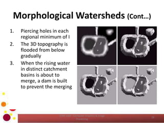 Morphological Watersheds (Cont…)
1. Piercing holes in each
regional minimum of I
2. The 3D topography is
flooded from below
gradually
3. When the rising water
in distinct catchment
basins is about to
merge, a dam is built
to prevent the merging
19
COM 2304 - Computer Graphics & Image
Processing
 