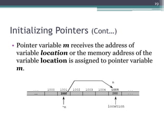 Initializing Pointers (Cont…)
• Pointer variable m receives the address of
variable location or the memory address of the
variable location is assigned to pointer variable
m.
19
 