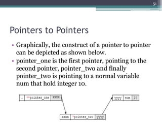 Pointers to Pointers
• Graphically, the construct of a pointer to pointer
can be depicted as shown below.
• pointer_one is the first pointer, pointing to the
second pointer, pointer_two and finally
pointer_two is pointing to a normal variable
num that hold integer 10.
51
 