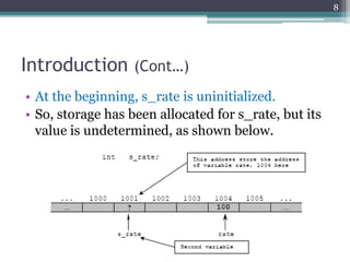 Introduction (Cont…)
• At the beginning, s_rate is uninitialized.
• So, storage has been allocated for s_rate, but its
value is undetermined, as shown below.
8
 