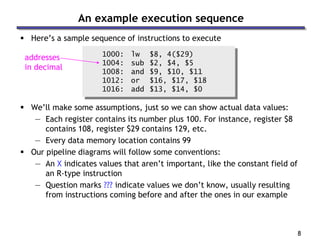 8
 Here’s a sample sequence of instructions to execute
1000: lw $8, 4($29)
1004: sub $2, $4, $5
1008: and $9, $10, $11
1012: or $16, $17, $18
1016: add $13, $14, $0
 We’ll make some assumptions, just so we can show actual data values:
— Each register contains its number plus 100. For instance, register $8
contains 108, register $29 contains 129, etc.
— Every data memory location contains 99
 Our pipeline diagrams will follow some conventions:
— An X indicates values that aren’t important, like the constant field of
an R-type instruction
— Question marks ??? indicate values we don’t know, usually resulting
from instructions coming before and after the ones in our example
An example execution sequence
addresses
in decimal
 