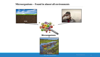Microorganisms – Found in almost all environments
Microorganisms
SOIL AIR
WATER
DOMESTIC/INDUSTR
IAL WASTE
3
Photo credit: Shutterstock.com
ASST. PROF. PRACHI DESSAI
 