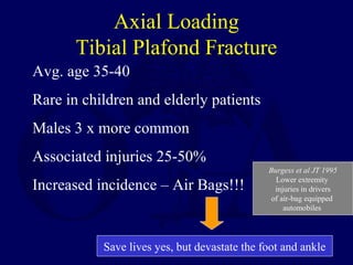 Axial Loading
Tibial Plafond Fracture
Avg. age 35-40
Rare in children and elderly patients
Males 3 x more common
Associated injuries 25-50%
Increased incidence – Air Bags!!!
Save lives yes, but devastate the foot and ankle
Burgess et al JT 1995
Lower extremity
injuries in drivers
of air-bag equipped
automobiles
 