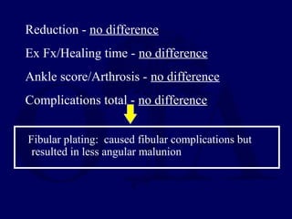 Reduction - no difference
Ex Fx/Healing time - no difference
Ankle score/Arthrosis - no difference
Complications total - no difference
Fibular plating: caused fibular complications but
resulted in less angular malunion
 