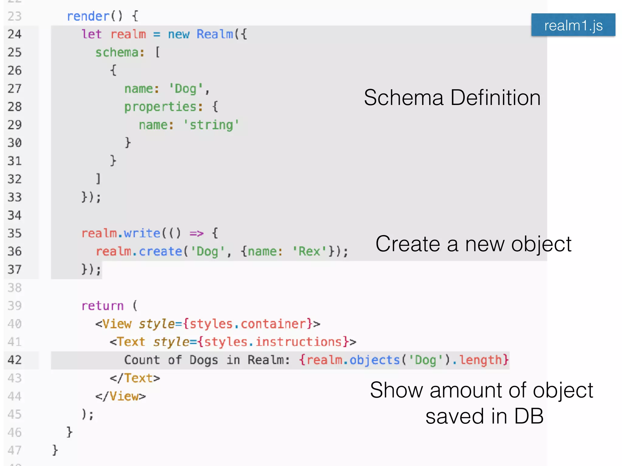 realm1.js
Schema Deﬁnition
Create a new object
Show amount of object 
saved in DB
 