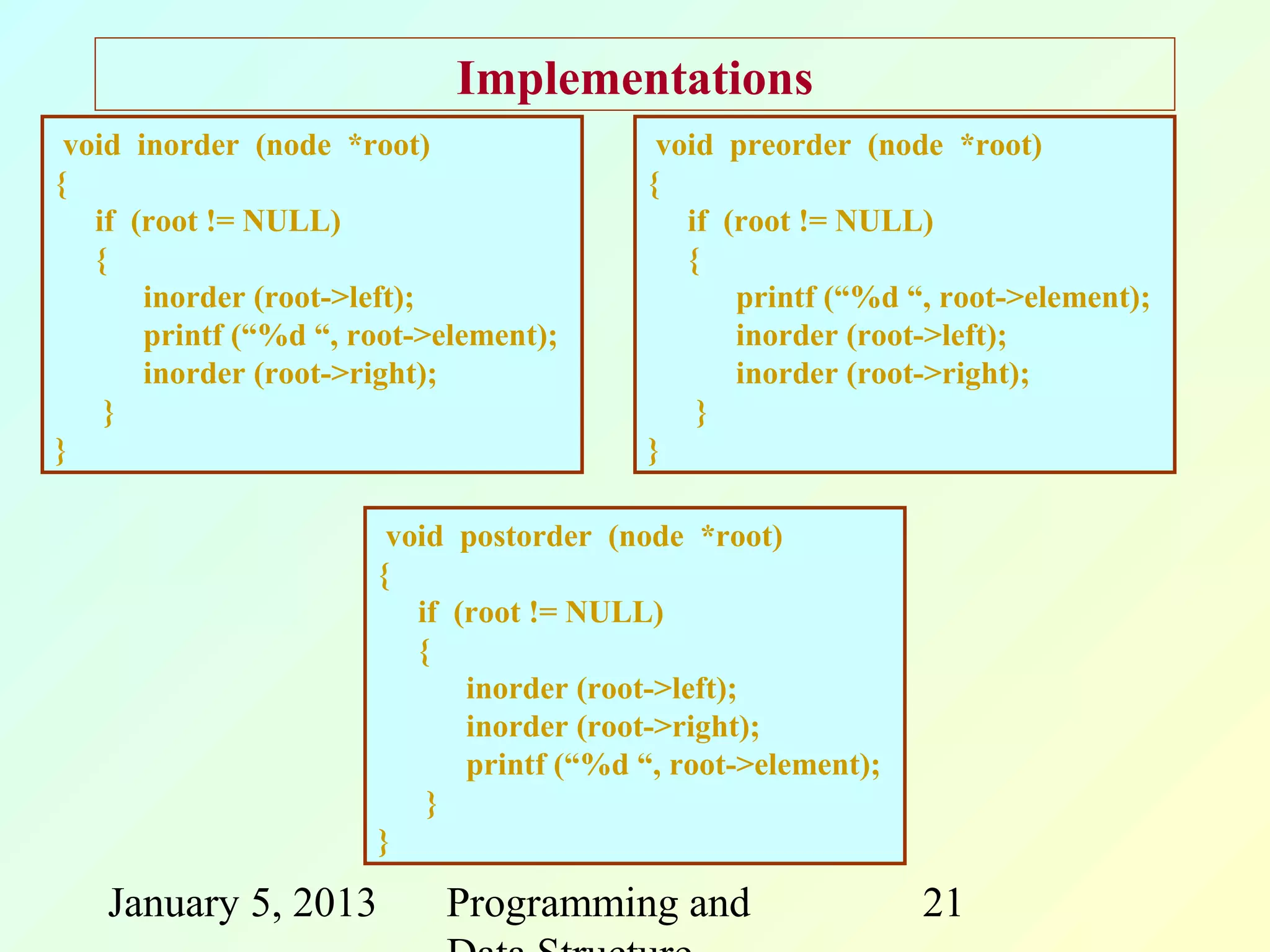 Implementations
 void inorder (node *root)                 void preorder (node *root)
{                                         {
   if (root != NULL)                         if (root != NULL)
   {                                         {
       inorder (root->left);                     printf (“%d “, root->element);
       printf (“%d “, root->element);            inorder (root->left);
       inorder (root->right);                    inorder (root->right);
    }                                         }
}                                         }

                        void postorder (node *root)
                       {
                          if (root != NULL)
                          {
                              inorder (root->left);
                              inorder (root->right);
                              printf (“%d “, root->element);
                           }
                       }

   January 5, 2013          Programming and                    21
 
