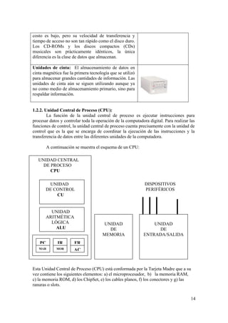 14
costo es bajo, pero su velocidad de transferencia y
tiempo de acceso no son tan rápido como el disco duro.
Los CD-ROMs y los discos compactos (CDs)
musicales son prácticamente idénticos, la única
diferencia es la clase de datos que almacenan.
Unidades de cinta: El almacenamiento de datos en
cinta magnética fue la primera tecnología que se utilizó
para almacenar grandes cantidades de información. Las
unidades de cinta aún se siguen utilizando aunque ya
no como medio de almacenamiento primario, sino para
respaldar información.
1.2.2. Unidad Central de Proceso (CPU):
La función de la unidad central de proceso es ejecutar instrucciones para
procesar datos y controlar toda la operación de la computadora digital. Para realizar las
funciones de control, la unidad central de proceso cuenta precisamente con la unidad de
control que es la que se encarga de coordinar la ejecución de las instrucciones y la
transferencia de datos entre las diferentes unidades de la computadora.
A continuación se muestra el esquema de un CPU:
Esta Unidad Central de Proceso (CPU) está conformada por la Tarjeta Madre que a su
vez contiene los siguientes elementos: a) el microprocesador, b) la memoria RAM,
c) la memoria ROM, d) los ChipSet, e) los cables planos, f) los conectores y g) las
ranuras o slots.
UNIDAD CENTRAL
DE PROCESO
CPU
UNIDAD
DE
MEMORIA
UNIDAD
DE
ENTRADA/SALIDA
UNIDAD
DE CONTROL
CU
UNIDAD
ARITMÉTICA
LÓGICA
ALU
PC IR FR
MAR MOR AC
DISPOSITIVOS
PERIFÉRICOS
 