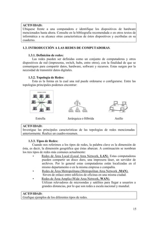 15
ACTIVIDAD:
Ubíquese frente a una computadora e identifique los dispositivos de hardware
mencionados hasta ahora. Consulte en la bibliografía recomendada o en otros textos de
informática a su alcance otras características de éstos dispositivos y escríbalas en su
cuaderno.
1.3. INTRODUCCIÓN A LAS REDES DE COMPUTADORAS.
1.3.1. Definición de redes:
Las redes pueden ser definidas como un conjunto de computadoras y otros
dispositivos de red (impresoras, switch, hubs, entre otros), con la finalidad de que se
comuniquen para compartir datos, hardware, software y recursos. Estas surgen por la
necesidad de transmitir datos digitales.
1.3.2. Topología de Redes:
Esta es la forma en la cual una red puede ordenarse o configurarse. Entre las
topologías principales podemos encontrar:
Estrella Jerárquica o Híbrida Anillo
ACTIVIDAD:
Investigue las principales características de las topologías de redes mencionadas
anteriormente. Realice un cuadro-resumen.
1.3.3. Tipos de Redes:
Cuando nos referimos a los tipos de redes, la palabra clave es la dimensión de
ésta, es decir, la dimensión geográfica que éstas abarcan. A continuación se nombran
los tres tipos de redes más comunes actualmente:
• Redes de Área Local (Local Area Network, LAN). Estas computadoras
pueden compartir un disco duro, una impresora láser, un servidor de
archivos. Por lo general estas computadoras están localizadas en el
mismo departamento o en la misma empresa o compañía.
• Redes de Área Metropolitana (Metropolitan Area Network ,MAN).
Sirven de enlace entre edificios de oficinas en una misma ciudad.
• Redes de Área Amplia (Wide Area Network, WAN).
Utilizan relevadores de microondas y satélites para llegar a usuarios a
grandes distancias, por lo que son redes a escala nacional y mundial.
ACTIVIDAD:
Grafique ejemplos de los diferentes tipos de redes.
 